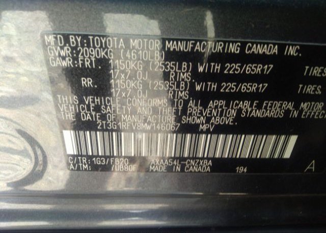 2021 TOYOTA RAV4(VIN: 2T3G1RFV8MW146067