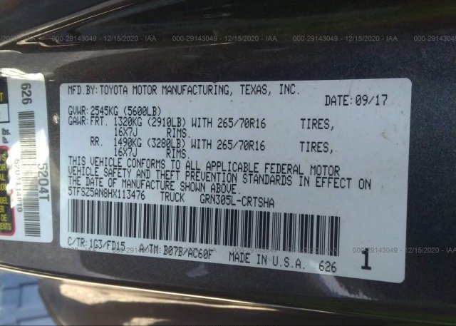 5TFSZ5AN8HX113476 2017 TOYOTA TACOMA