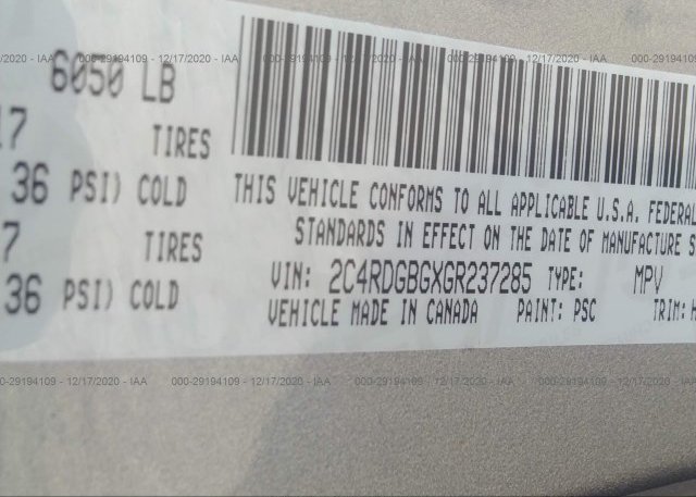 2C4RDGBGXGR237285 2016 DODGE GRAND CARAVAN