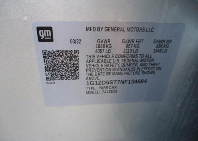 2022 CHEVROLET MALIBU(VIN: 1G1ZD5ST7NF134694