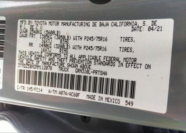 2021 TOYOTA TACOMA 4WD(VIN: 3TMDZ5BN3MM112078