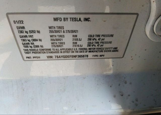 2022 TESLA MODEL Y(VIN: 7SAYGDEF8NF365878
