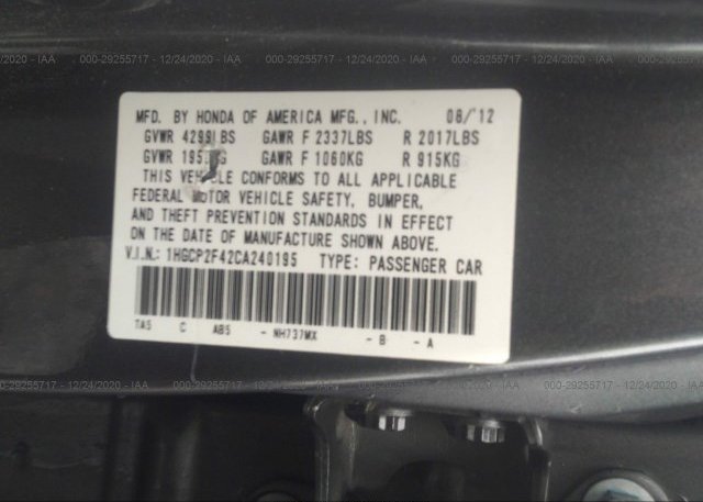 1HGCP2F42CA240195 2012 HONDA ACCORD SDN