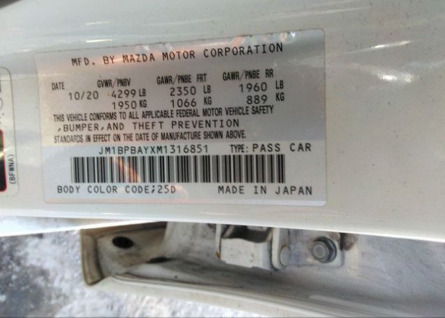 2021 MAZDA MAZDA3 SEDAN(VIN: JM1BPBAYXM1316851