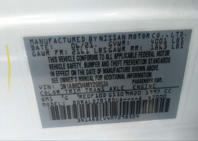 2021 NISSAN SENTRA(VIN: 3N1AB8CV4MY298524