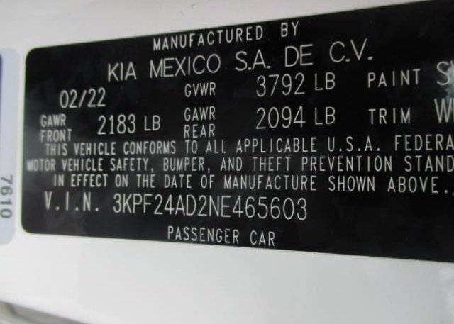 2022 KIA FORTE(VIN: 3KPF24AD2NE465603