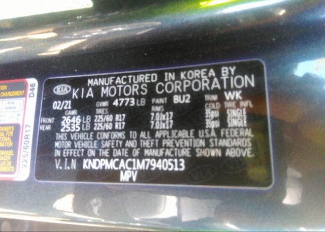 2021 KIA SPORTAGE(VIN: KNDPMCAC1M7940513