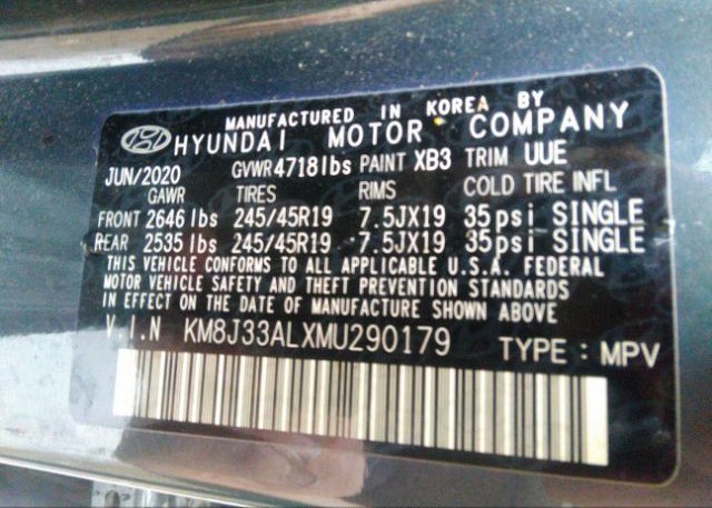 2021 HYUNDAI TUCSON(VIN: KM8J33ALXMU290179