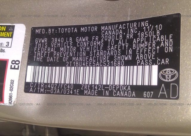 2T1BU4EE5AC531680 2010 TOYOTA COROLLA