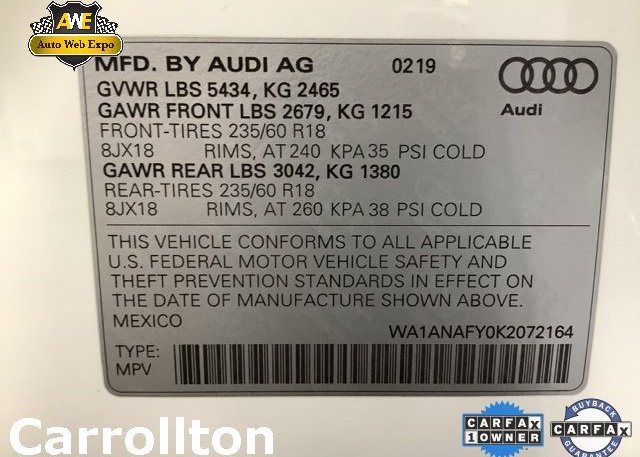 2019 AUDI Q5 VIN: WA1ANAFY0K2072164