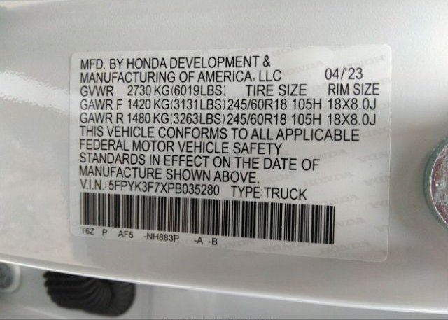 2023 HONDA RIDGELINE(VIN: 5FPYK3F7XPB035280