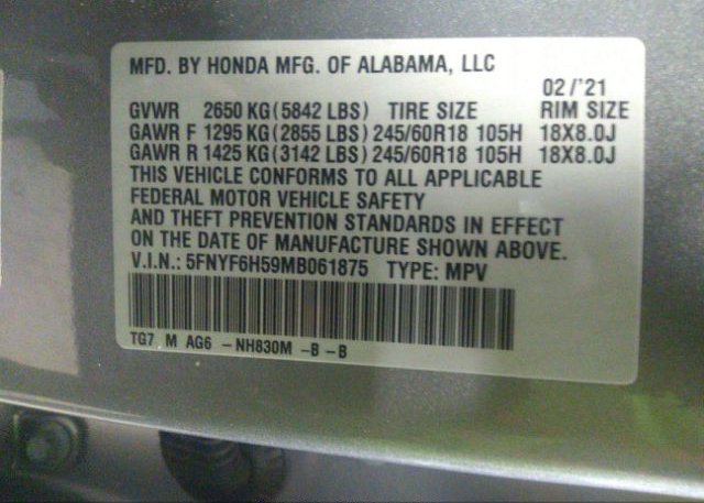 2021 HONDA PILOT(VIN: 5FNYF6H59MB061875