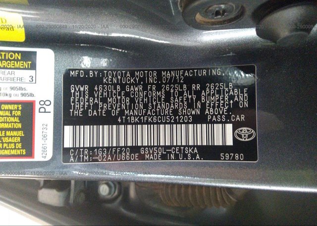 4T1BK1FK6CU521203 2012 TOYOTA CAMRY