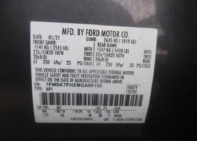 2021 FORD EXPLORER(VIN: 1FMSK7FHXMGA88136
