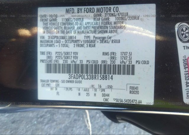 3FADP0L33BR158814 2011 FORD FUSION