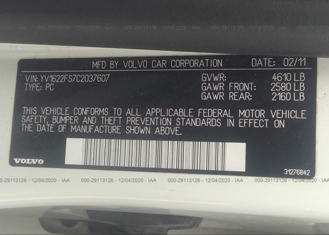 YV1622FS7C2037607 2012 VOLVO S60