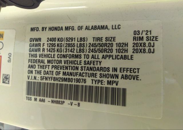 2021 HONDA PASSPORT(VIN: 5FNYF8H29MB019076