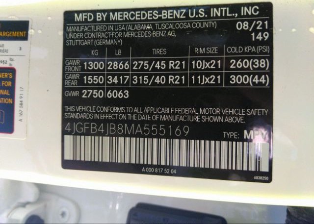 2021 MERCEDES-BENZ GLE(VIN: 4JGFB4JB8MA555169