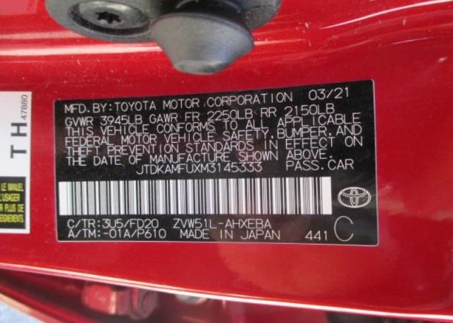 2021 TOYOTA PRIUS(VIN: JTDKAMFUXM3145333