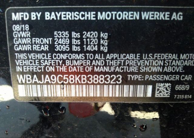 2019 BMW 5 SERIES VIN: WBAJA9C58KB388323