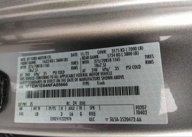 2022 FORD F-150(VIN: 1FTEW1E84NFA05666