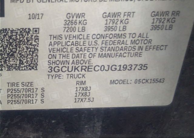 2018 CHEVROLET SILVERADO 1500 VIN: 3GCUKREC0JG193735
