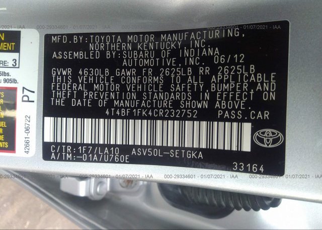 4T4BF1FK4CR232752 2012 TOYOTA CAMRY