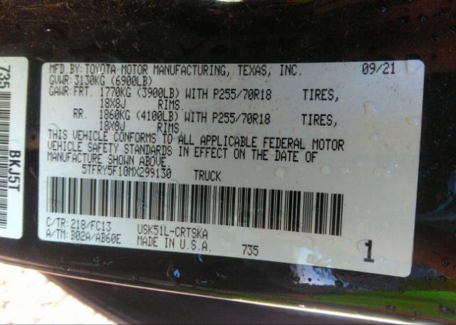 2021 TOYOTA TUNDRA 2WD(VIN: 5TFRY5F10MX299130