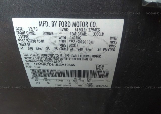 1FMHK7D81BGA10645 2011 FORD EXPLORER
