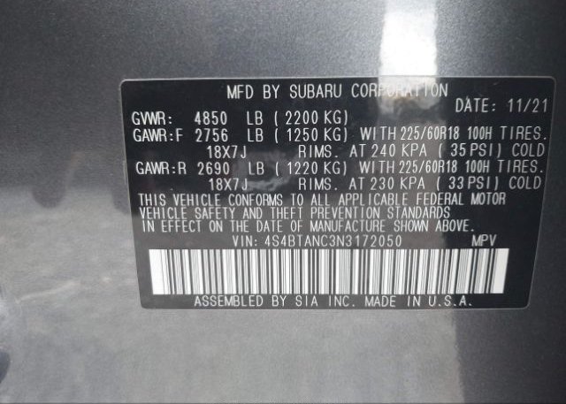 2022 SUBARU OUTBACK(VIN: 4S4BTANC3N3172050