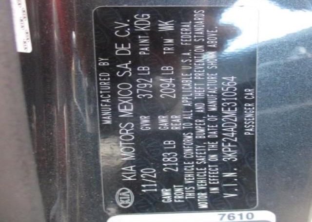 2021 KIA FORTE(VIN: 3KPF24AD2ME310564