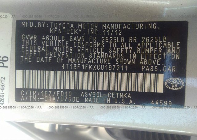 4T1BF1FKXCU197211 2012 TOYOTA CAMRY