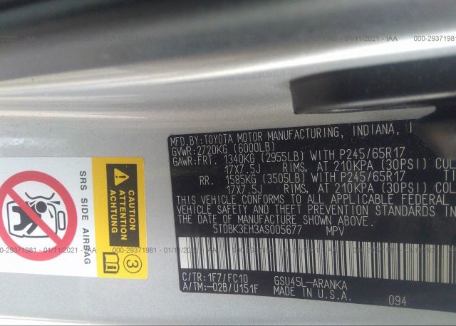 5TDBK3EH3AS005677 2010 TOYOTA HIGHLANDER
