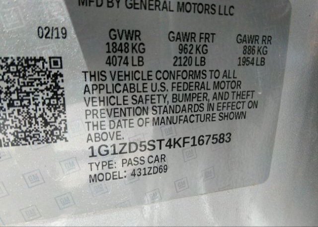 2019 CHEVROLET MALIBU VIN: 1G1ZD5ST4KF167583