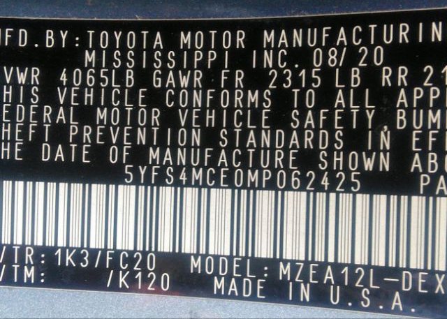 2021 TOYOTA COROLLA(VIN: 5YFS4MCE0MP062425