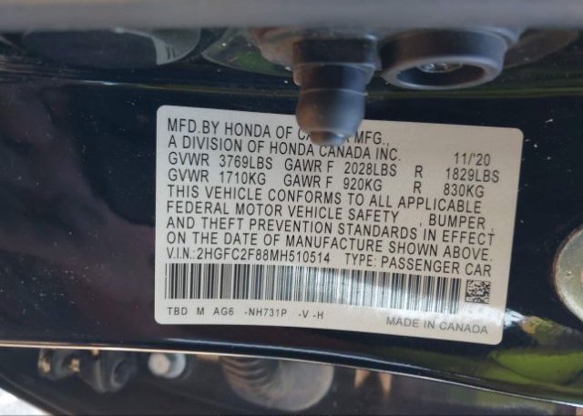 2021 HONDA CIVIC SEDAN(VIN: 2HGFC2F88MH510514