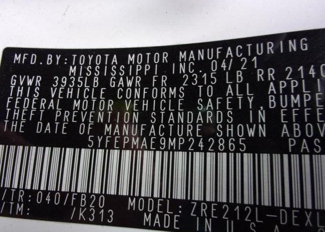 2021 TOYOTA COROLLA(VIN: 5YFEPMAE9MP242865