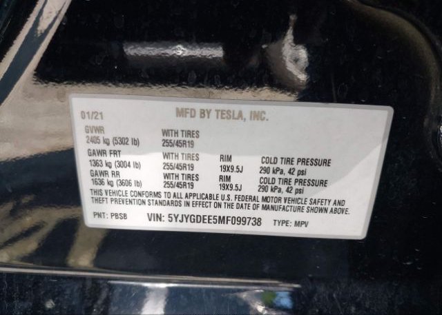 2021 TESLA MODEL Y LONG RANGE DUAL MOTOR ALL-WHEEL(VIN: 5YJYGDEE5MF099738