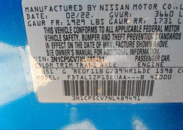 2022 NISSAN KICKS(VIN: 3N1CP5CV7NL489491