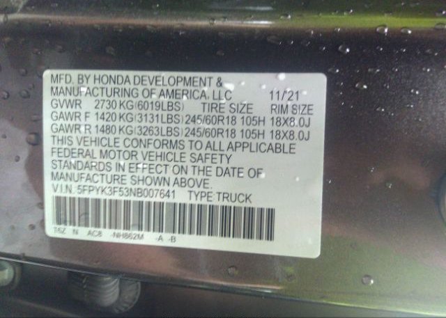 2022 HONDA RIDGELINE(VIN: 5FPYK3F53NB007641