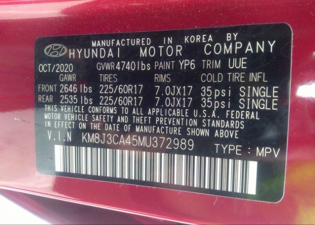 2021 HYUNDAI TUCSON(VIN: KM8J3CA45MU372989