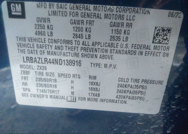 2022 BUICK ENVISION(VIN: LRBAZLR44ND138916