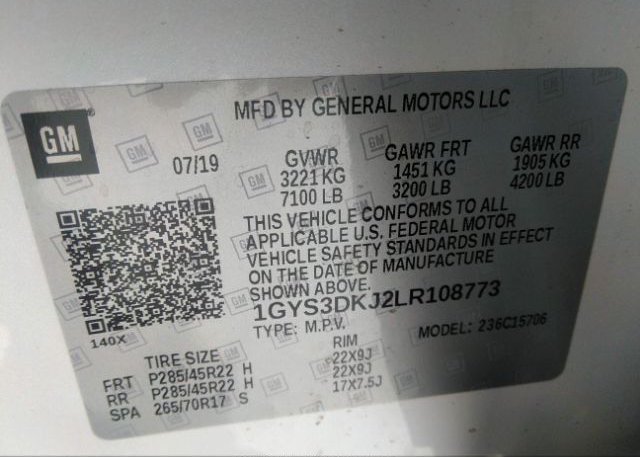 2020 CADILLAC ESCALADE VIN: 1GYS3DKJ2LR108773