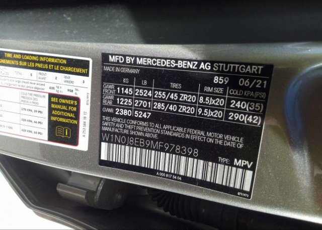 2021 MERCEDES-BENZ GLC(VIN: W1N0J8EB9MF978398
