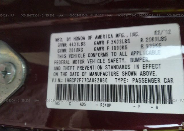 1HGCP2F77CA092880 2012 HONDA ACCORD SDN
