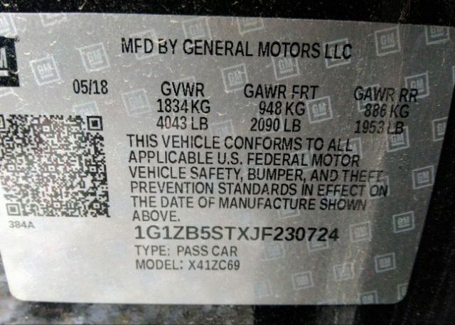 2018 CHEVROLET MALIBU VIN: 1G1ZB5STXJF230724
