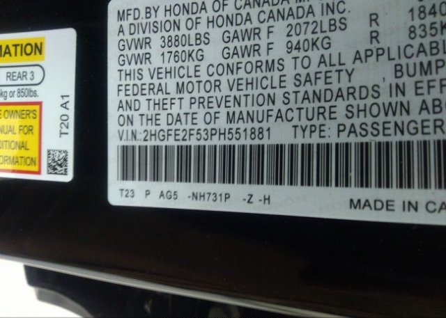 2023 HONDA CIVIC SEDAN(VIN: 2HGFE2F53PH551881