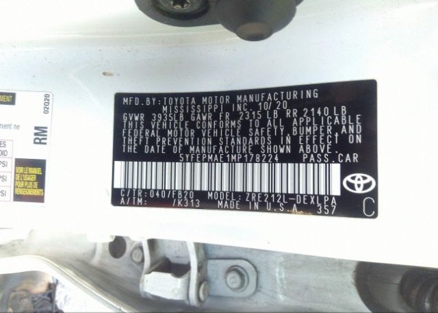 2021 TOYOTA COROLLA(VIN: 5YFEPMAE1MP178224