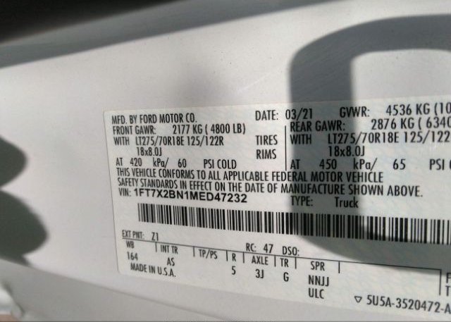 2021 FORD SUPER DUTY F-250 SRW(VIN: 1FT7X2BN1MED47232