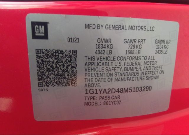 2021 CHEVROLET CORVETTE(VIN: 1G1YA2D48M5103290